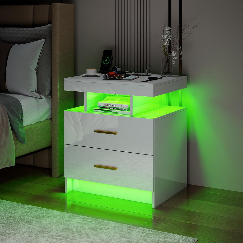 Smart Night Stand with Charging Station, Modern White Nightstand with 24 Color Lights and 2 Drawers, LED Bedside Tables with Auto Senor,High Gloss End Table for Bedroom