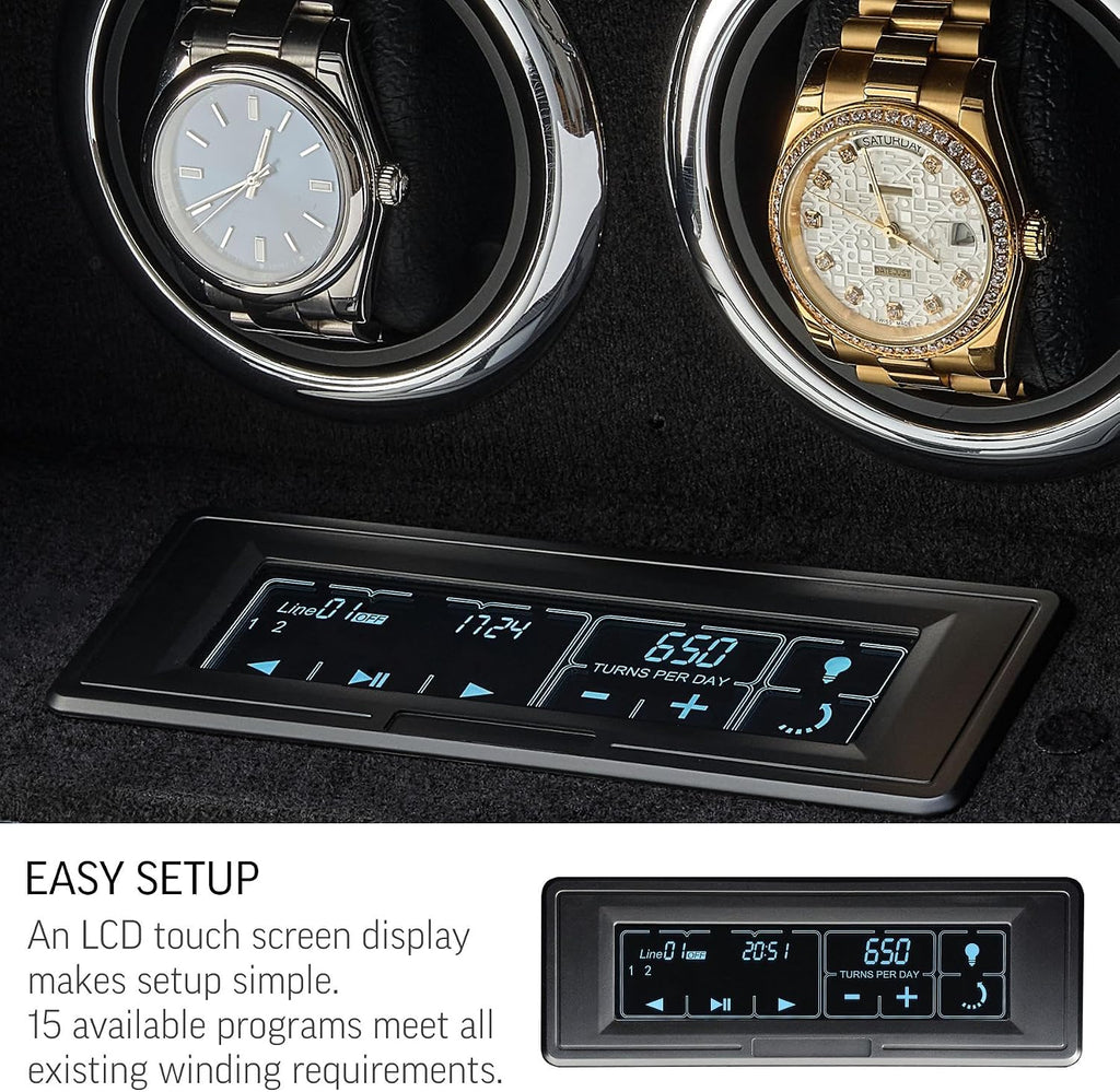 Watch Winder for 2 Watches with LED Backlight, LCD Display and Motor-Stop Option