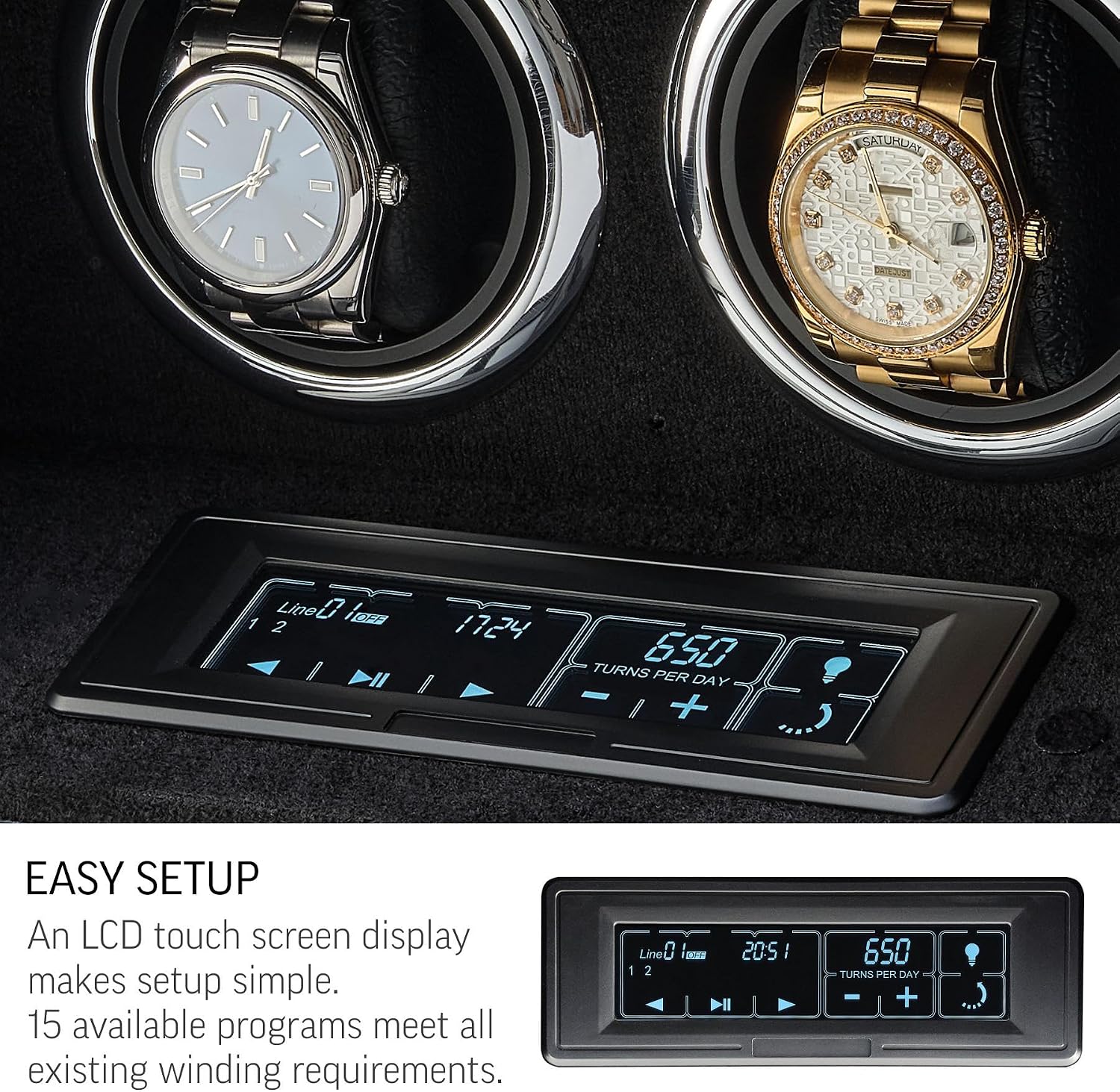 Watch Winder for 2 Watches with LED Backlight, LCD Display and Motor-Stop Option