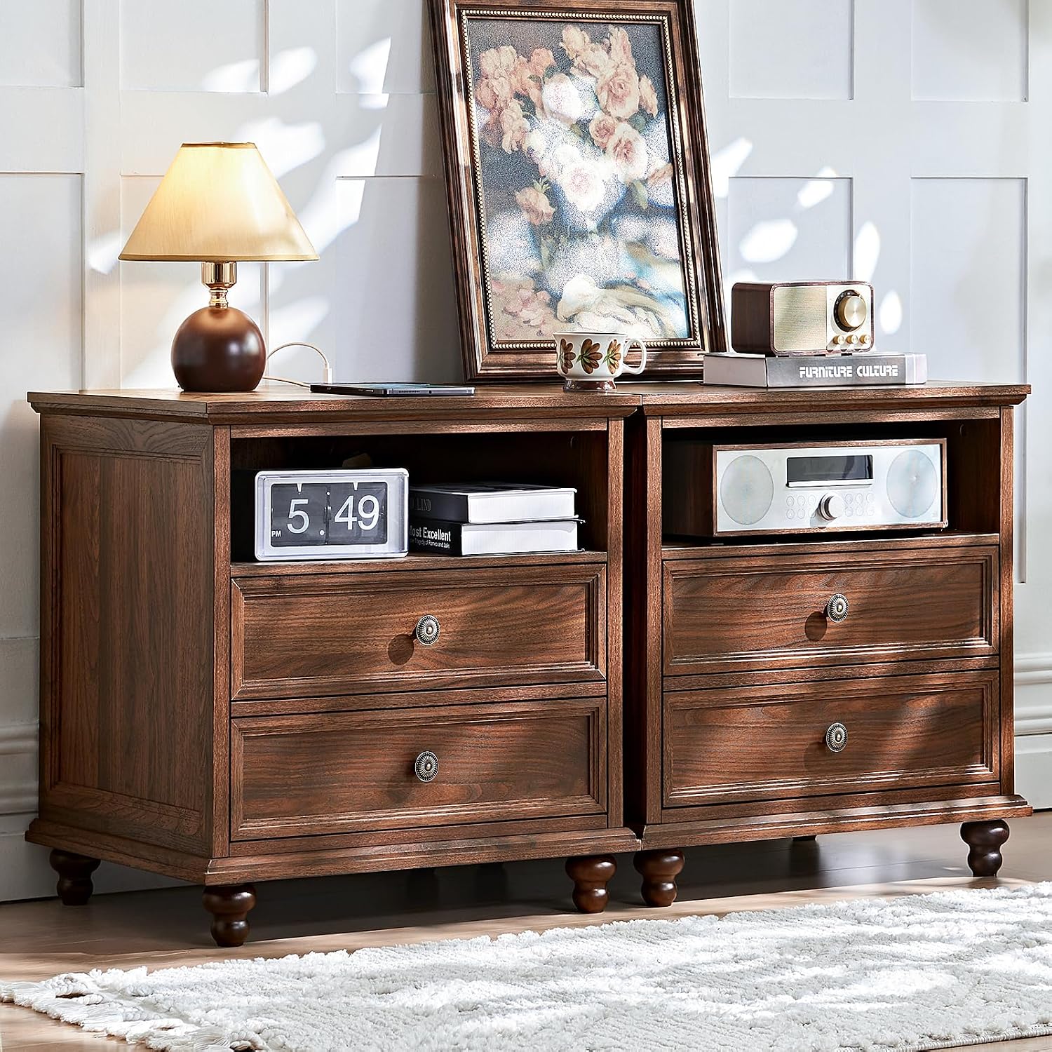 Joaxswe 24' Wide Farmhouse Nightstand Set of 2 with Charging Station,End Table with 2 Drawers,Brown Wood Dresser for Bedroom Cabinet, Bed Side Table Chest of Drawers, Night Stand for Living Room