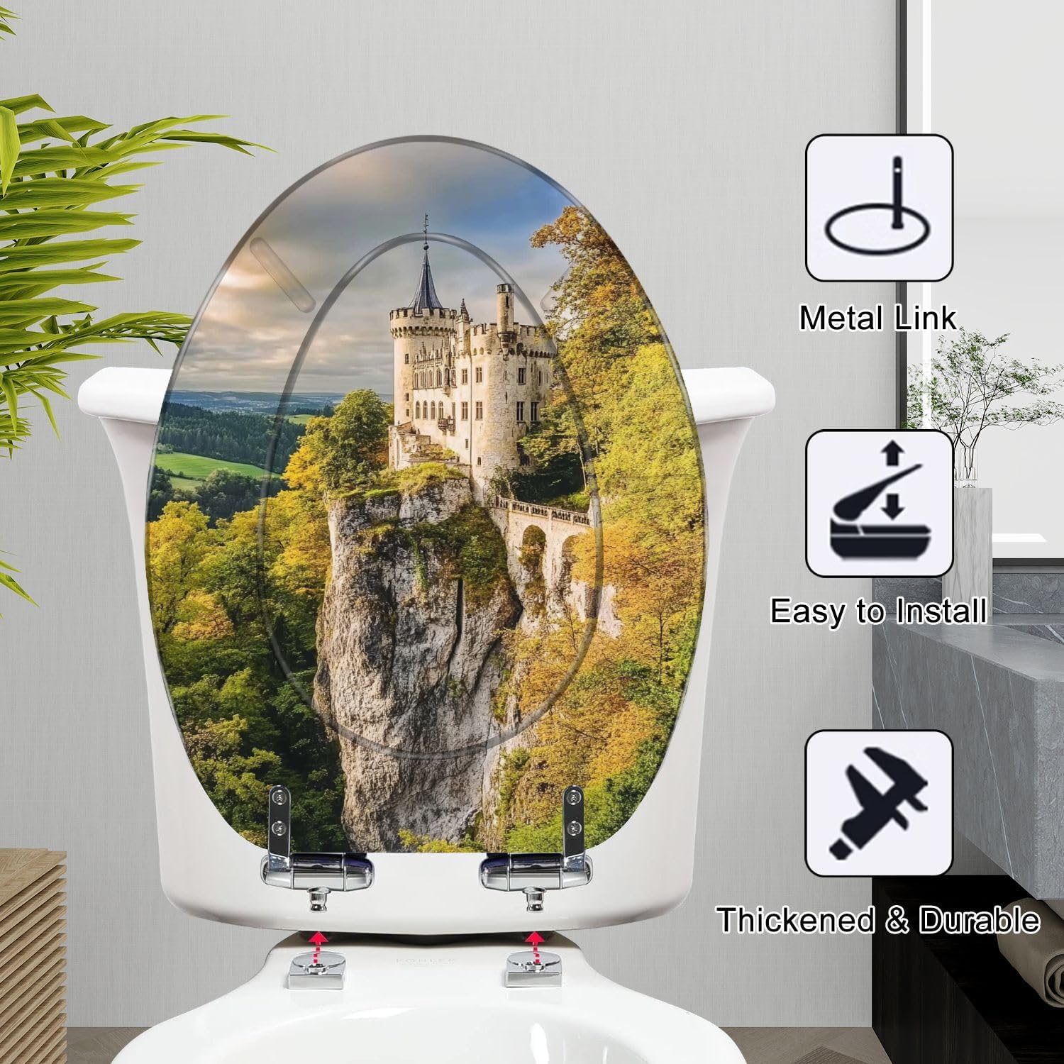 Elongated Toilet Seat Lichtenstein Castle Resin Toilet Seat Slow Quiet Close Lid with Quick-Release Hinges Cover Bumpers Easy to Clean Install