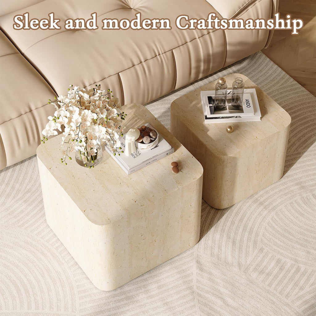 Nesting Coffee Table Set of 2, Modern Coffee Table and End Table Sets, Small Wooden Nesting Side Tables for Living Room Bedroom Apartment(Travertine)