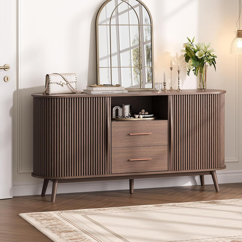 JOINICE 63' Fluted Storage Cabinet for Living Room,Mid-Century Modern Sideboard with Sliding Doors, Walnut Buffet Cabinet with Drawers & Solid Wood Legs, Large Accent Credenza for Home, Dining Room