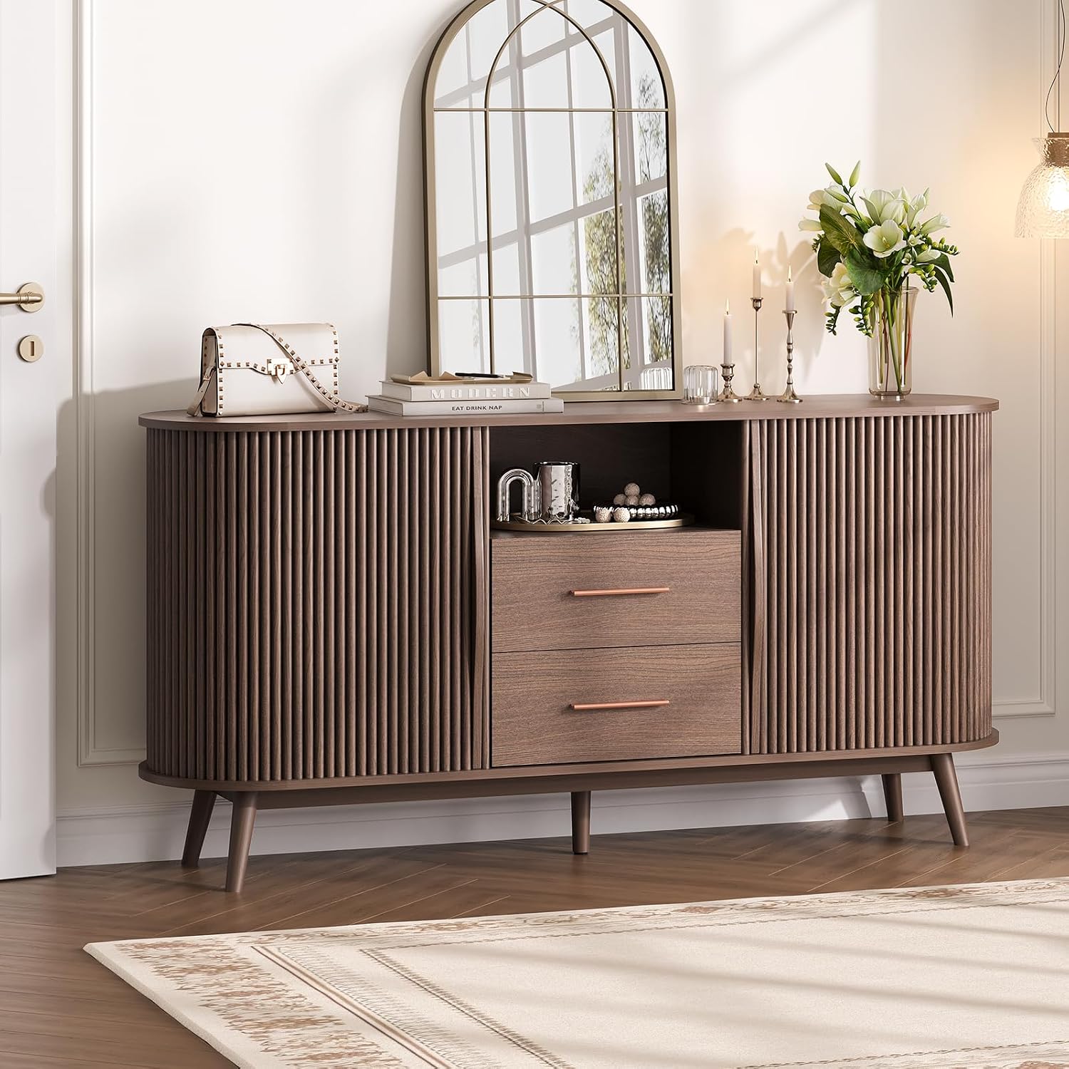JOINICE 63' Fluted Storage Cabinet for Living Room,Mid-Century Modern Sideboard with Sliding Doors, Walnut Buffet Cabinet with Drawers & Solid Wood Legs, Large Accent Credenza for Home, Dining Room