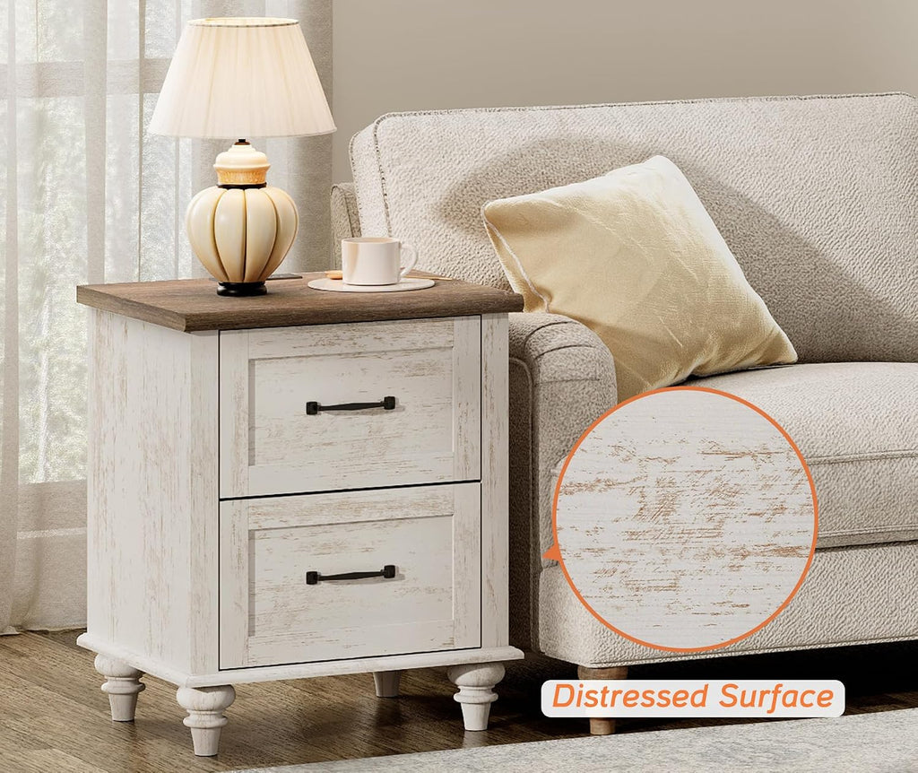 WAMPAT Set of 2 Nightstands Side Table with Charging Station, Antique White End Tables with 2 Drawers for Living Room, Elegant Night Stand Bedside Table for Bedroom, Dorm