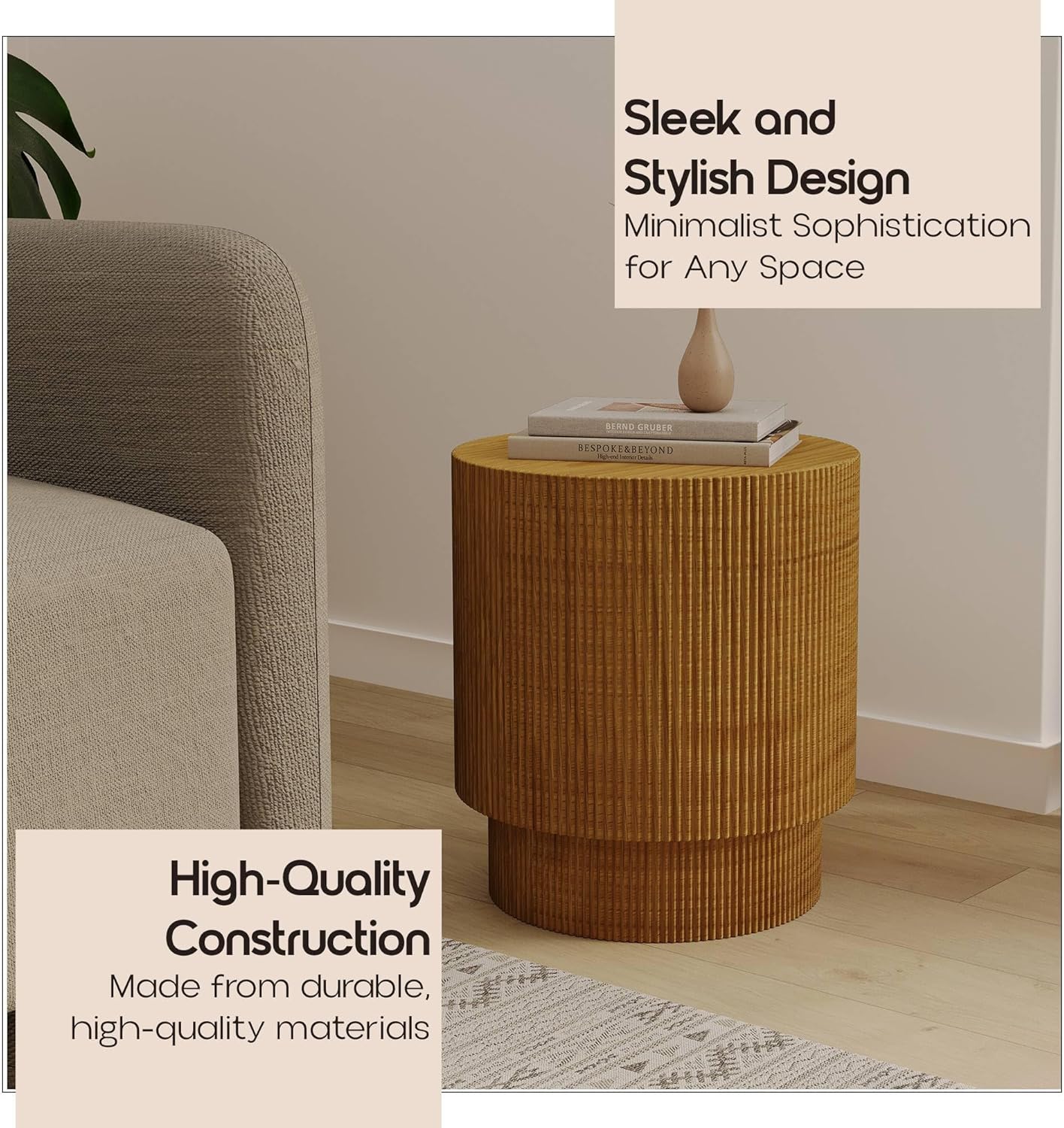 LeisureMod Modern Side Table Round Fiberstone Top Accent End Table for Home, Outdoor Patio, Living Room Sofa, Weather-Resistant, Eden Series in Brown