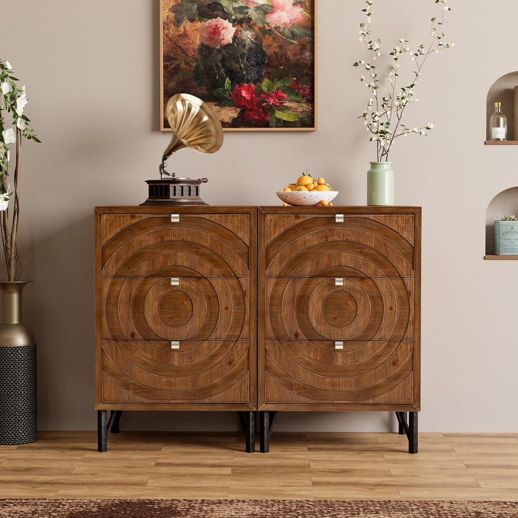 COSIEST Nightstand, Rustic End Table with 3 Drawers, Vintage Wood Bedside Table with Strudy Legs, Modern Side Table Accent Nightstand for Bedroom, Living Room(Brown,2 Pieces)