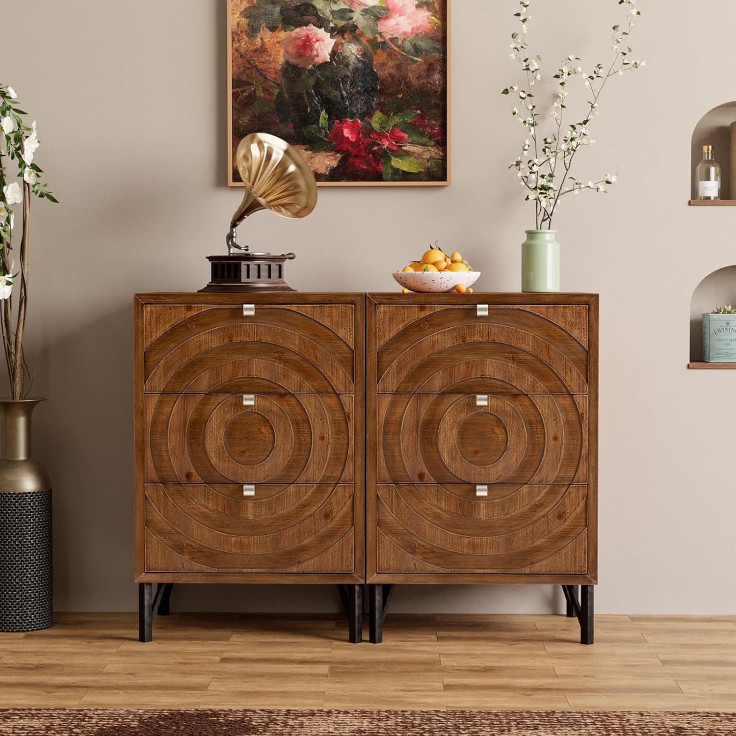 COSIEST Nightstand, Rustic End Table with 3 Drawers, Vintage Wood Bedside Table with Strudy Legs, Modern Side Table Accent Nightstand for Bedroom, Living Room(Brown,2 Pieces)