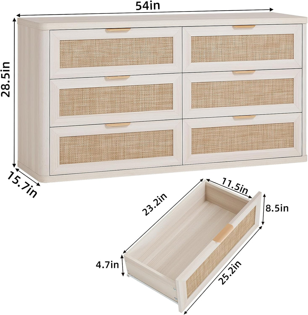 LEYAOYAO Rattan 6 Drawer Dresser for Bedroom Set of 2, Boho 54' Wide White Dresser Chest of Drawers, Dressers TV Stand with Metal Handle, Storage Dressers Closet Organizer for Living Room, Hallway
