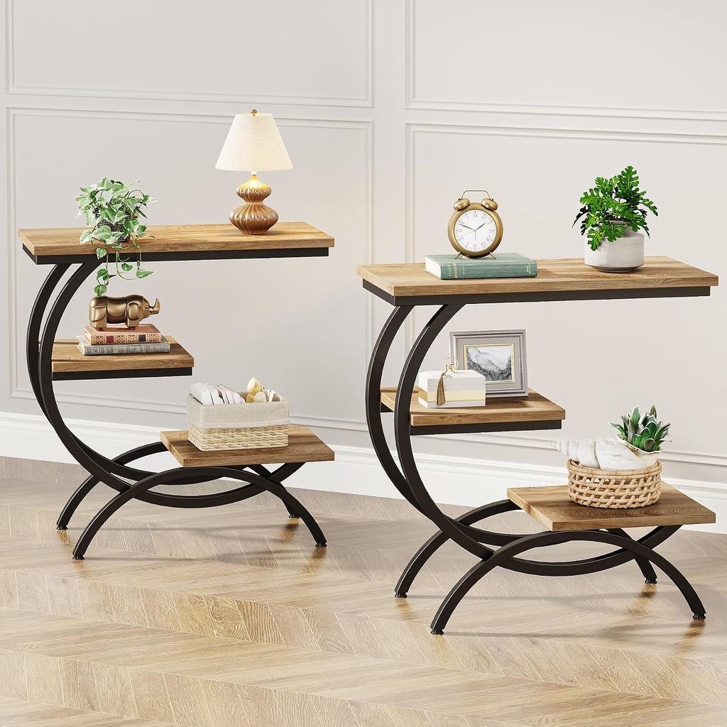 Tribesigns C-Shaped End Table Set of 2, Industrial 3-Tier Small Side Table for Couch, Wood Bedside Table Snack Side Table with Storage Shelves for Living Room Small Space, Light Brown