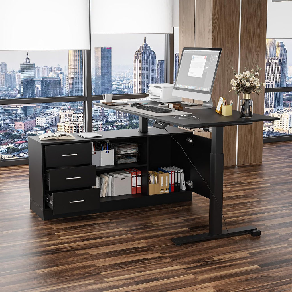 AGOTENI 63' W L-Shaped Electric Standing Desk with Cabinet, Height Adjustable & Reversible Corner Computer Desk with Drawers & Storage Shelves for Home Office, Black