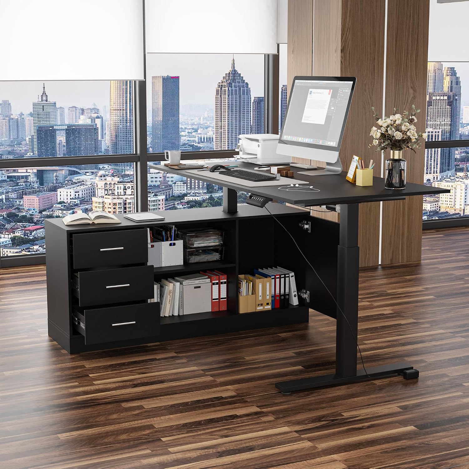 AGOTENI 63' W L-Shaped Electric Standing Desk with Cabinet, Height Adjustable & Reversible Corner Computer Desk with Drawers & Storage Shelves for Home Office, Black