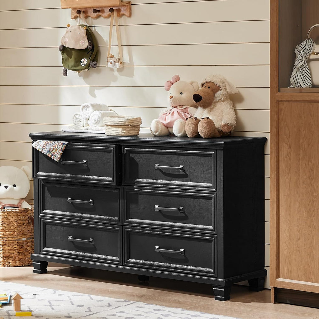 SAVOR LIFE Farmhouse Black 6 Drawer Dresser for Bedroom, 54 inch Wide Vintage Large Chest of Drawers with Square Wood Legs, Rustic TV Console for Living Room, Wooden Storage Closet Dressers for Home