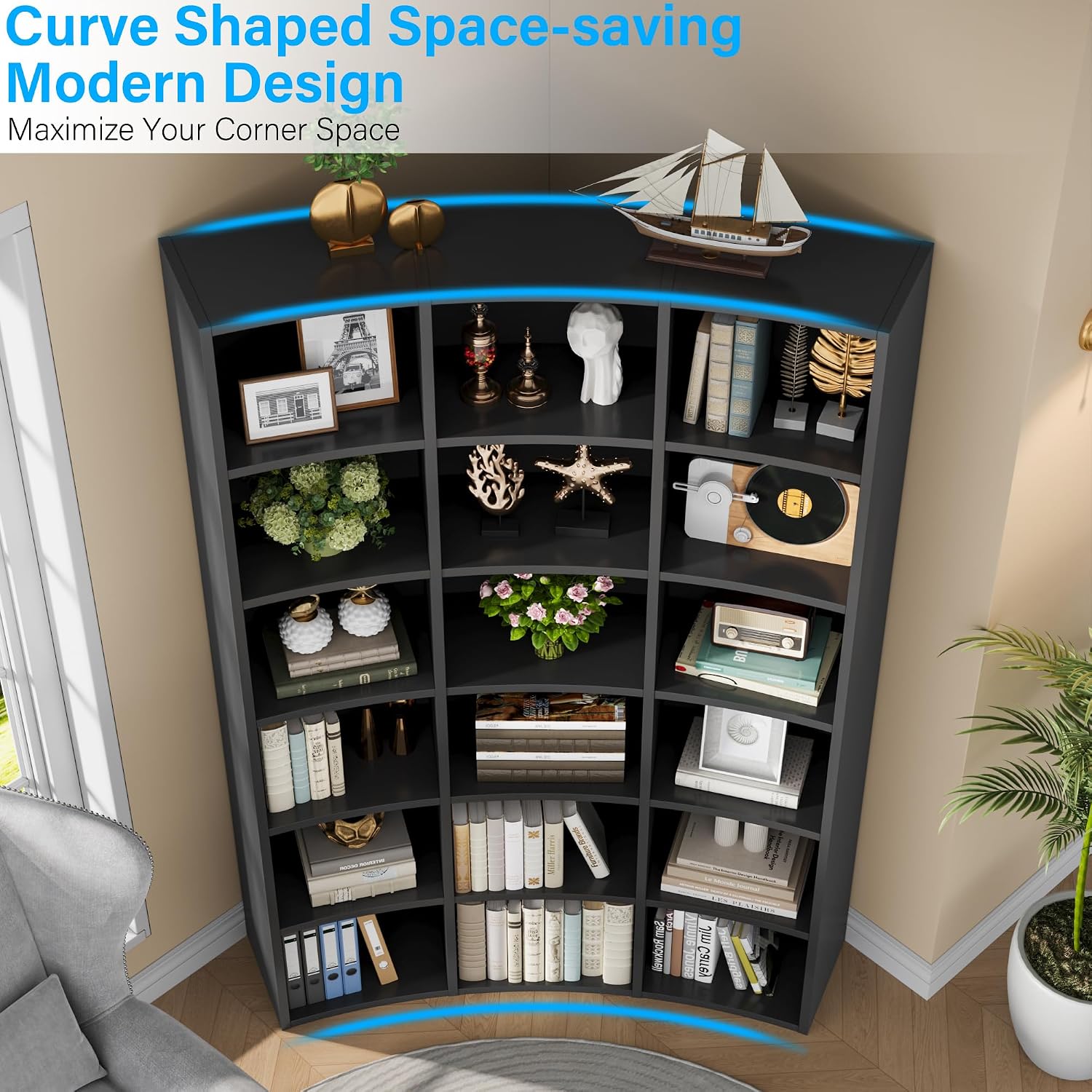71' Curved Bookshelf,Triple Width 6 Tier Bookcase with Storage Cabinet,Modern Tall Bookshelf with 18 Open Display Shelves, Floor Standing Book Shelf for Living Room,Black