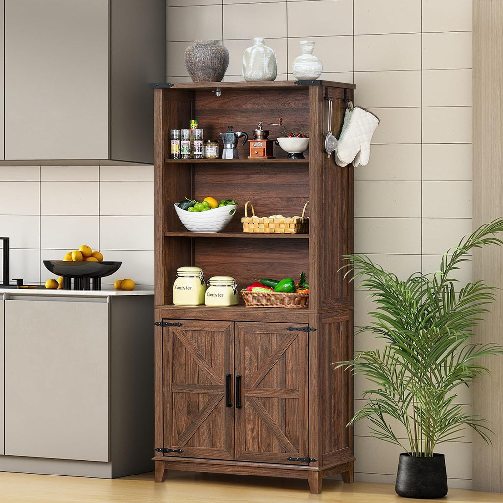 Joaxswe 70in Tall Bookshelf 5 Tier Bookcase with Barn Doors and Adjustable Shelves, Brown Farmhouse Book Shelf with Storage Cabinet, Wood Freestanding Display Bookshelves for Bedroom, Living Room
