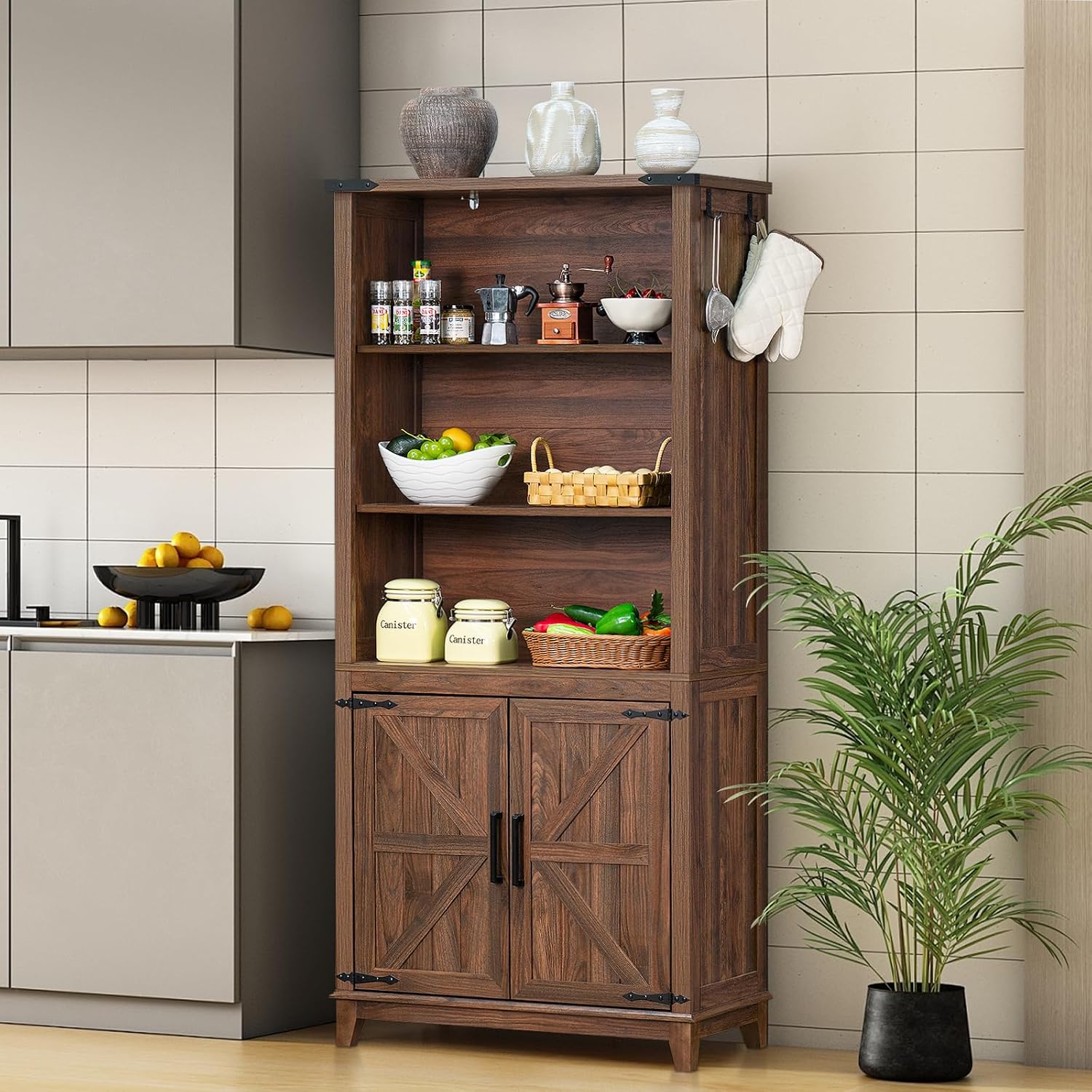 Joaxswe 70in Tall Bookshelf 5 Tier Bookcase with Barn Doors and Adjustable Shelves, Brown Farmhouse Book Shelf with Storage Cabinet, Wood Freestanding Display Bookshelves for Bedroom, Living Room