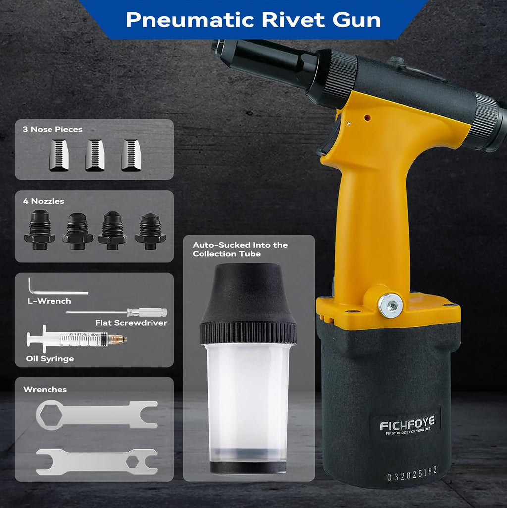 Self-Suction Pneumatic Rivet Gun Kit, Industrial Air Hydraulic Pop Riveter with 5 Nozzles (3/32'–1/4'), 4000LBF Heavy Duty Riveting Tool for Automotive, Construction & Manufacturing