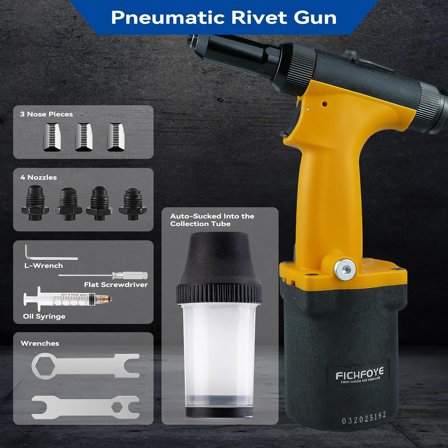 Self-Suction Pneumatic Rivet Gun Kit, Industrial Air Hydraulic Pop Riveter with 5 Nozzles (3/32'–1/4'), 4000LBF Heavy Duty Riveting Tool for Automotive, Construction & Manufacturing