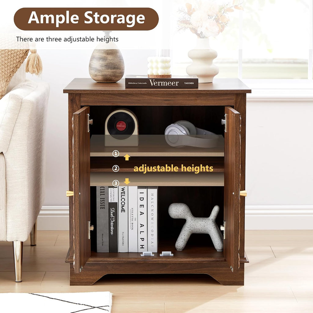 weselon Farmhouse End Table with Carved Floral Door, 24' Wide Nightstand with Adjustable Shelf, Wooden Square Sofa Side Table Storage Table for Living Room Bedroom (Walnut)
