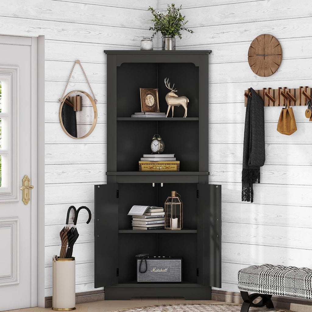 DOFFO Tall Bathroom Corner Cabinet, 69.3'H Freestanding Corner Storage Cabinet with 2 Doors and Open Shelves, Bathroom Floor Storage Display Organizer for Living Room, Dining Room and Kitchen (Black)