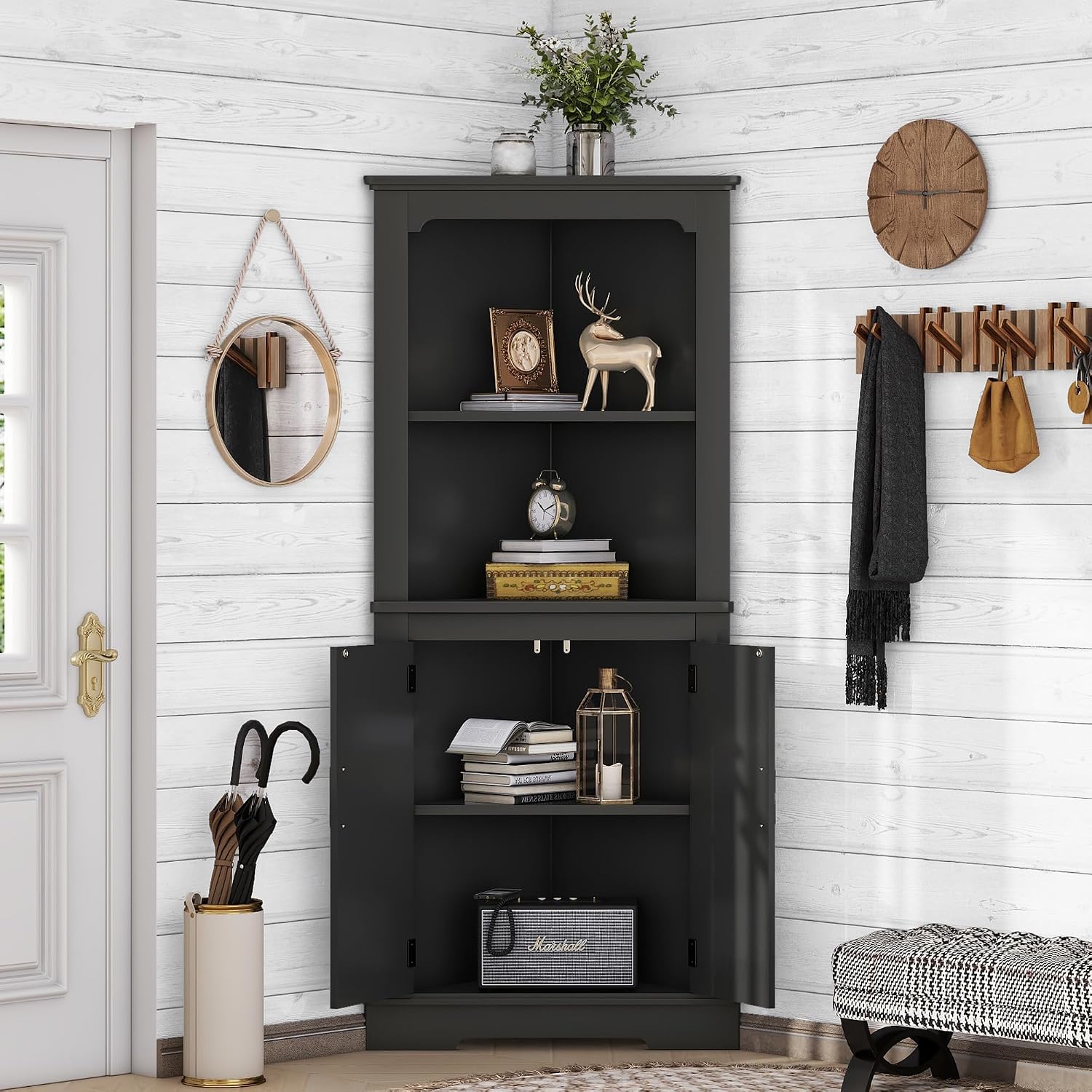 DOFFO Tall Bathroom Corner Cabinet, 69.3'H Freestanding Corner Storage Cabinet with 2 Doors and Open Shelves, Bathroom Floor Storage Display Organizer for Living Room, Dining Room and Kitchen (Black)
