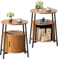 DHH Round End Tables Set of 2 & Charging Station, Fluted Accent Side Table with Sliding Door, Mid-Century Modern Nightstand set of 2 for Small Space Storage, Living Room, Bedroom,Sofa Couch(2, Yellow)