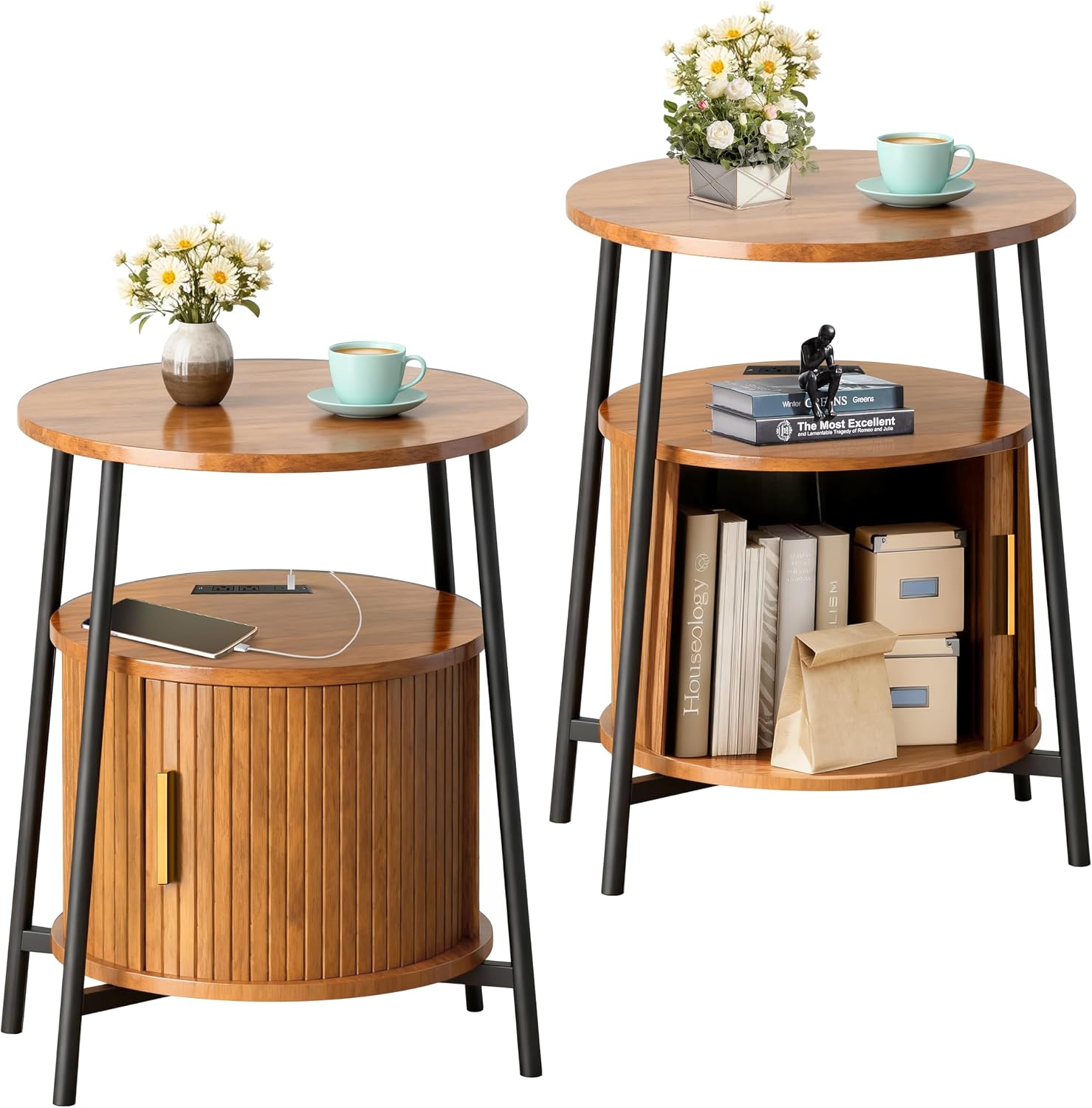 DHH Round End Tables Set of 2 & Charging Station, Fluted Accent Side Table with Sliding Door, Mid-Century Modern Nightstand set of 2 for Small Space Storage, Living Room, Bedroom,Sofa Couch(2, Yellow)