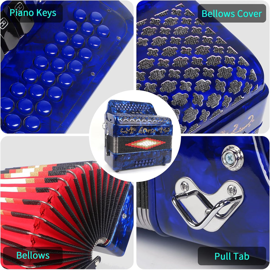 Horse 34 Key Accordion, FBE 12 Bass 3 Row, Made of Celluloid Louder & Clearer Timbre than Plastic,Accordions Instrument for Adults,W/Luxury Backpack,Straps,34 Buttons Acordeón Acordeones Para Adultos