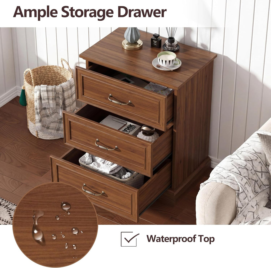 Nightstand Set of 2,24' Wide End Table with 3 Large Drawers & Metal Handles,Rustic Farmhouse Wood Small Dresser,Bedside Table,Modern Chest of Drawers for Bedroom,Living Room,Walnut