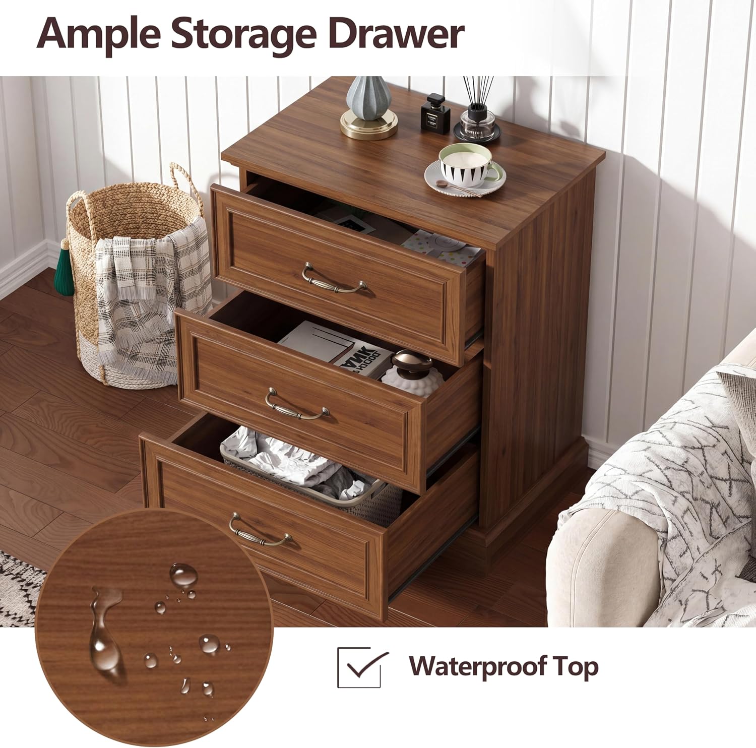 Nightstand Set of 2,24' Wide End Table with 3 Large Drawers & Metal Handles,Rustic Farmhouse Wood Small Dresser,Bedside Table,Modern Chest of Drawers for Bedroom,Living Room,Walnut