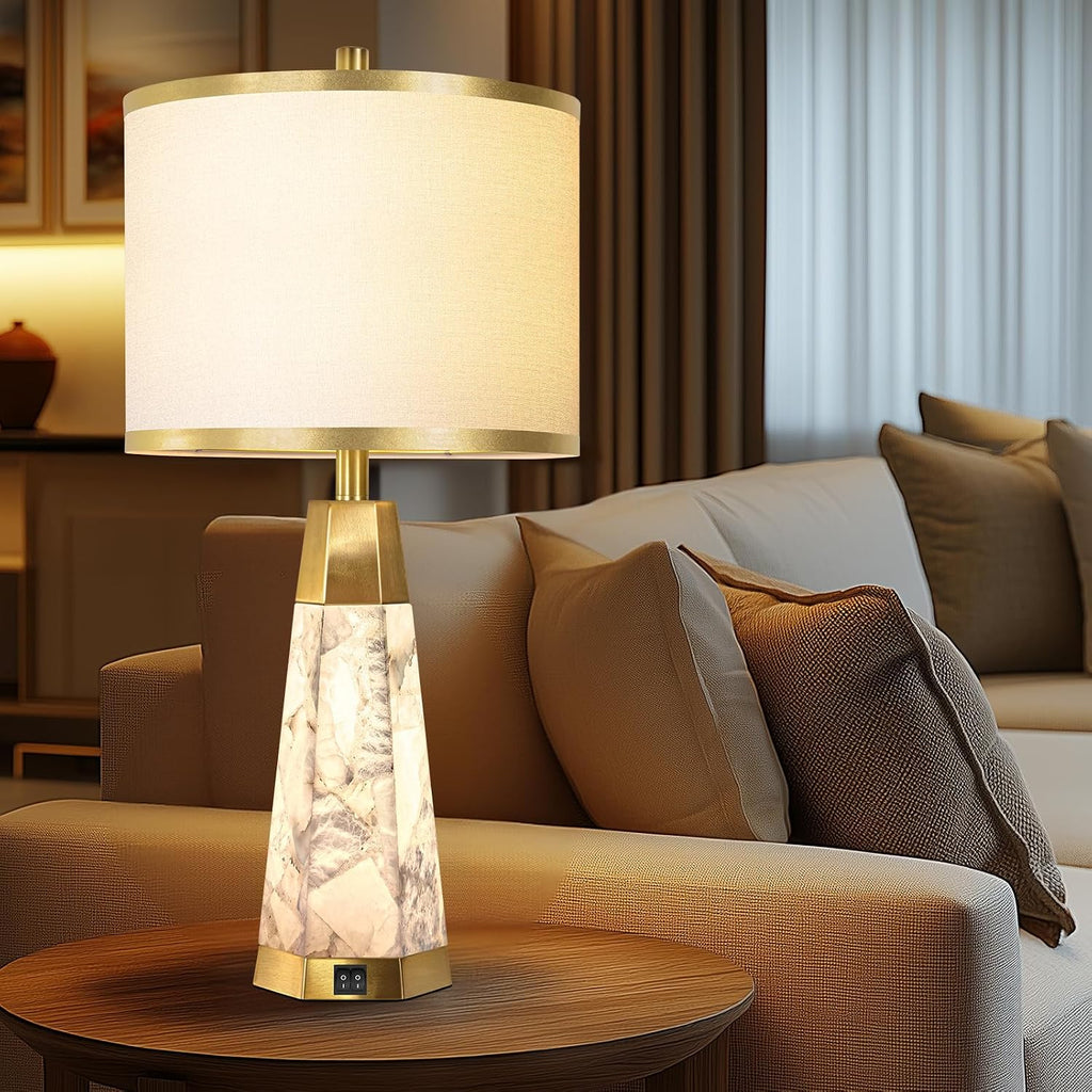 KIVDITZO 27' Alabaster Table Lamps Set of 2 - Lamps for Living Room with Night Light, Bedside Lamps with White Linen Shade, Nightstand Table Lamp with USB A+C Port for Bedroom Office (Bulb Included)