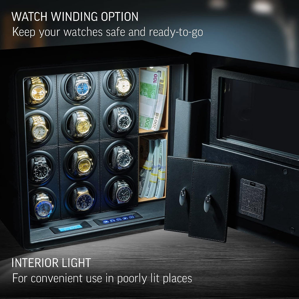 12 Watch Winder with Fingerprint Lock, Interior Light, Alarm System and 2 Storage Compartments