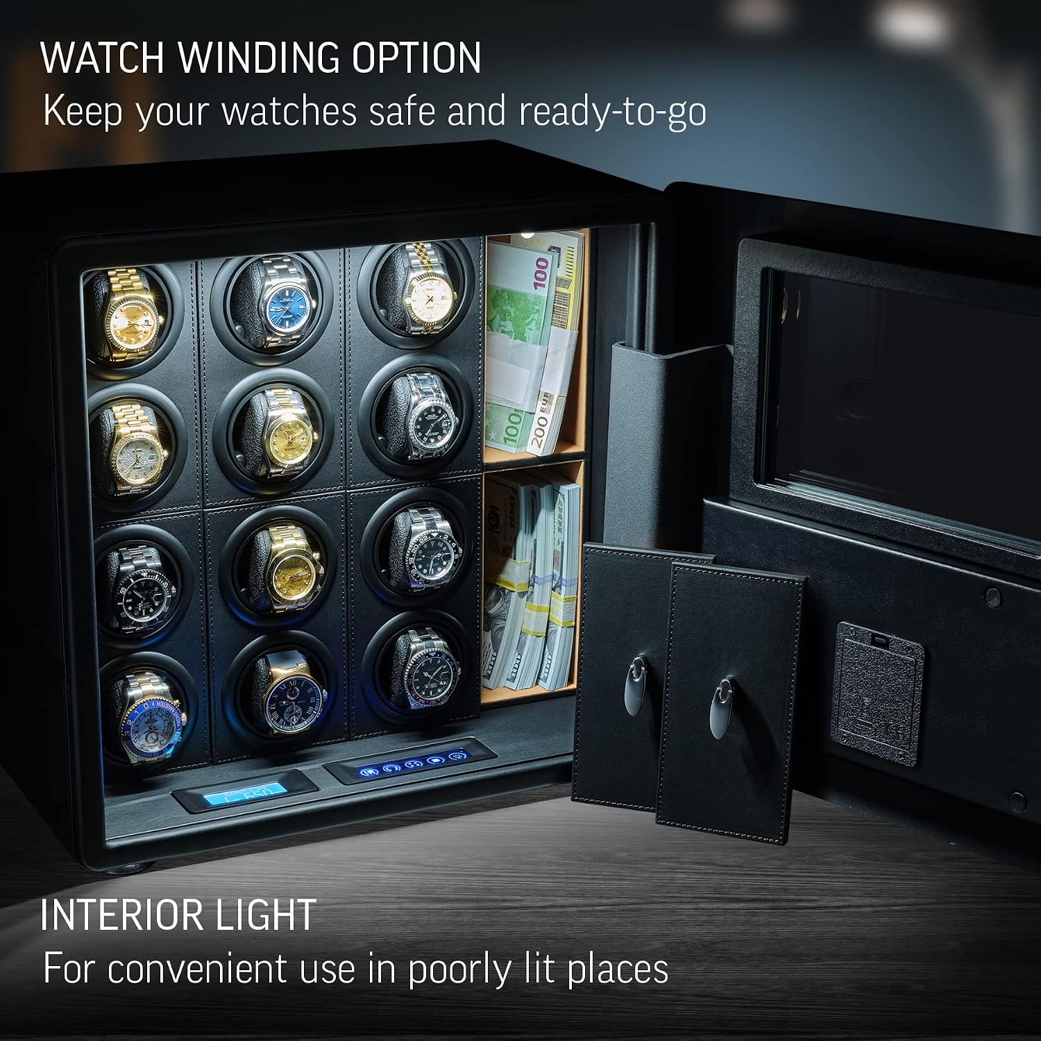 12 Watch Winder with Fingerprint Lock, Interior Light, Alarm System and 2 Storage Compartments
