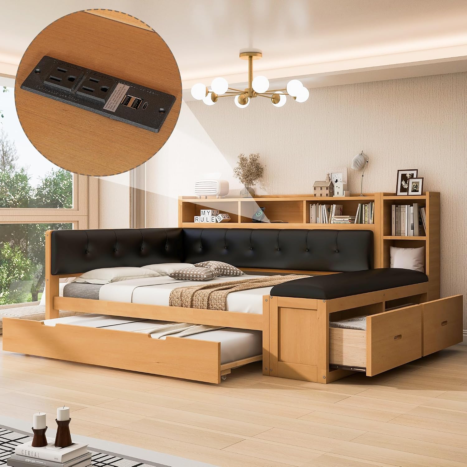 Harper & Bright Designs Full Size Daybed Sofa Bed with Trundle and L-Shaped Upholstered Headboard, Wooden Corner Platform Bed Frame with Storage Shelves, Bench, Charging Station, Natural Color+Black
