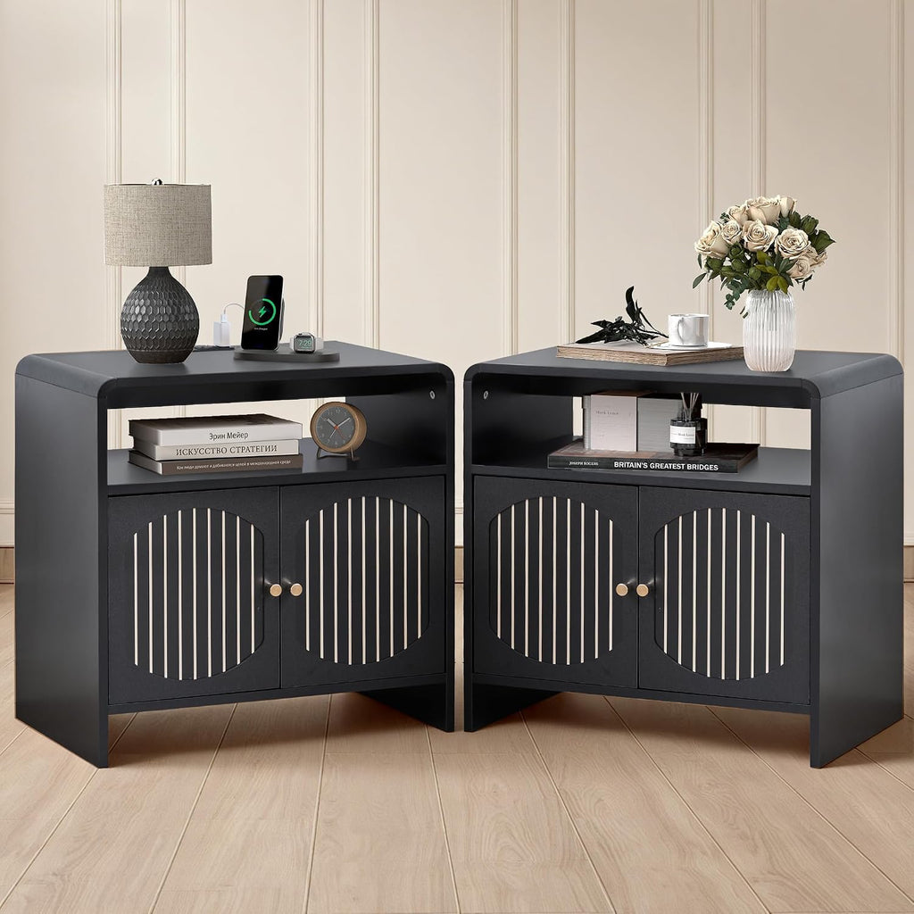 23.6' Modern Black Nightstand Set of 2 with Chariging Station 2AC+USB+Type-C, Classic Striped Side Table with Door+Storage Shelf, Rectangle End Table for Living Room, Bedroom (2, Black)