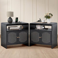 23.6' Modern Black Nightstand Set of 2 with Chariging Station 2AC+USB+Type-C, Classic Striped Side Table with Door+Storage Shelf, Rectangle End Table for Living Room, Bedroom (2, Black)