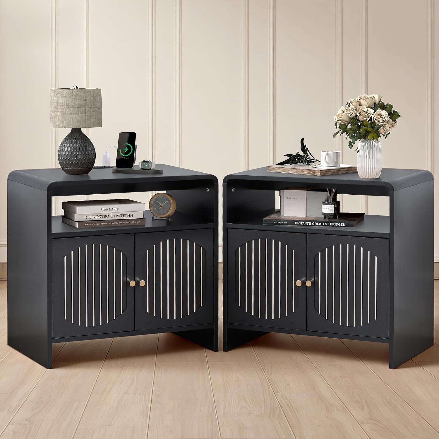 23.6' Modern Black Nightstand Set of 2 with Chariging Station 2AC+USB+Type-C, Classic Striped Side Table with Door+Storage Shelf, Rectangle End Table for Living Room, Bedroom (2, Black)