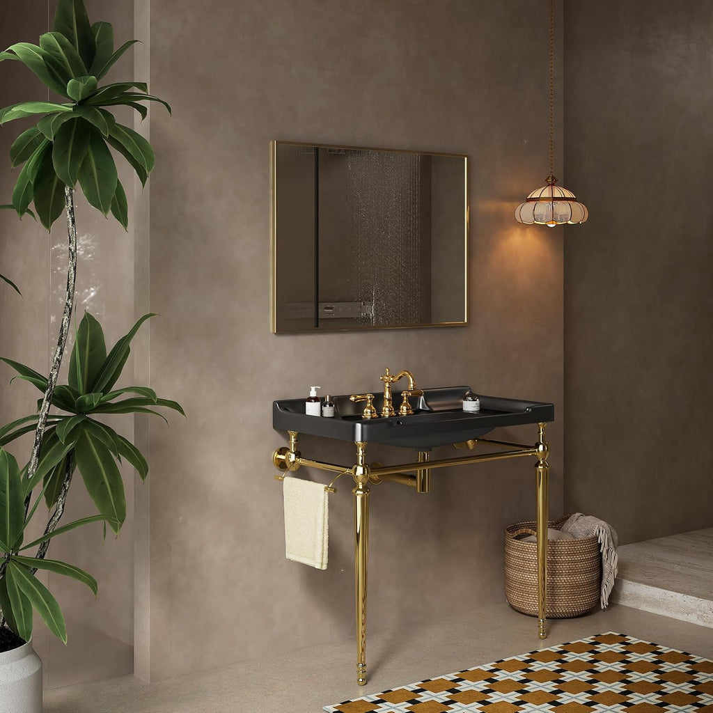 36' Bathroom Console Sink, Wall Mounted Black Ceramic Vanity Basin with 3 Pre drilled Faucet Holes, Freestanding Stainless Steel Support Legs with Towel Bar, No Faucet Sink Cover, Gold Color