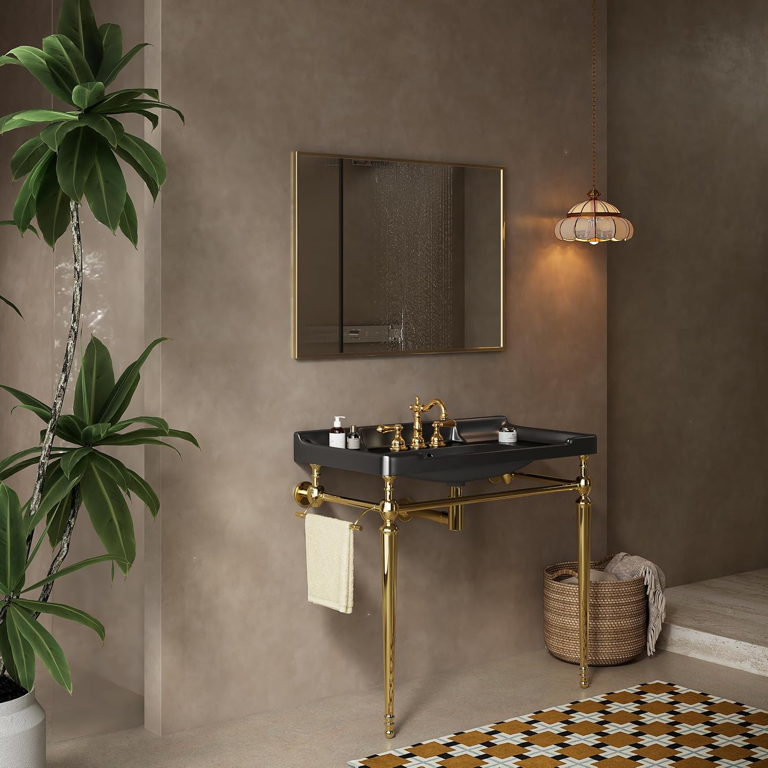 36' Bathroom Console Sink, Wall Mounted Black Ceramic Vanity Basin with 3 Pre drilled Faucet Holes, Freestanding Stainless Steel Support Legs with Towel Bar, No Faucet Sink Cover, Gold Color