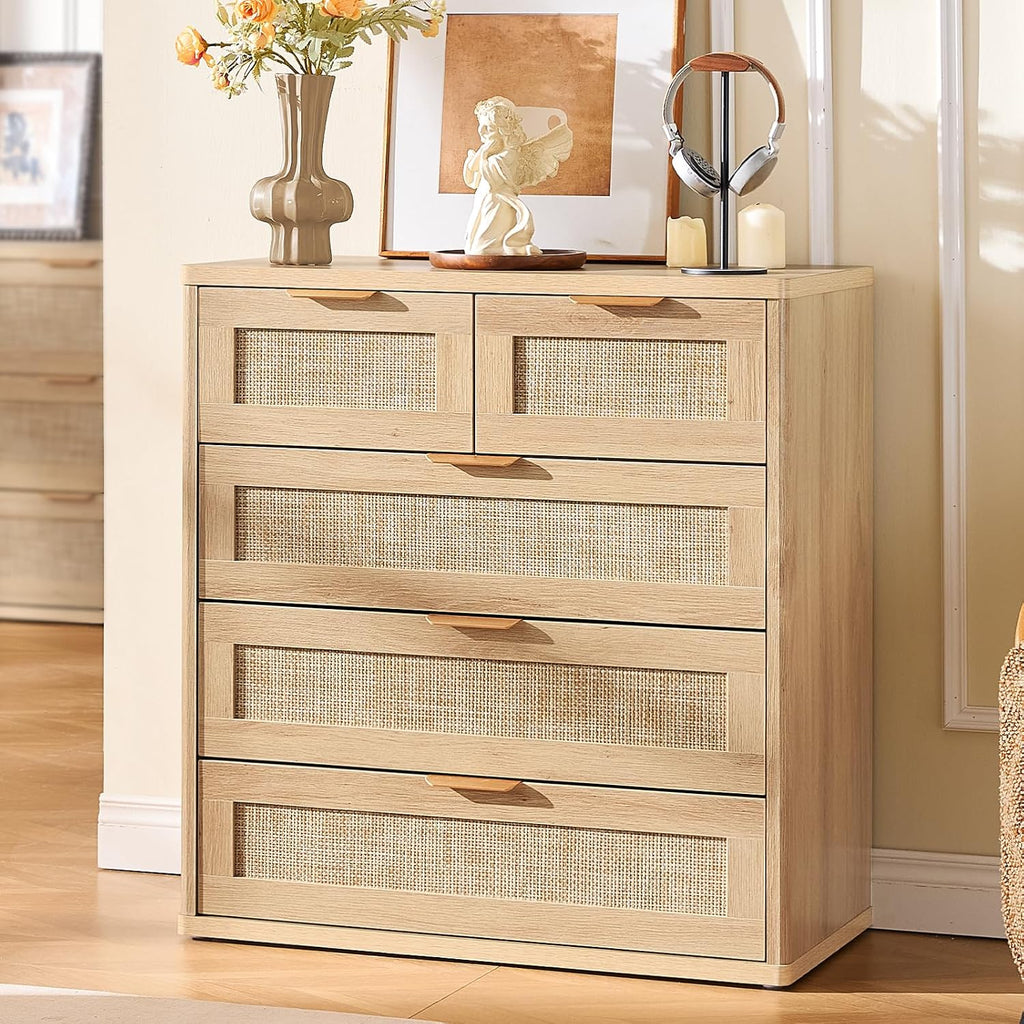 LEYAOYAO Rattan Dresser for Bedroom Set of 2, 33.5' Tall Chest of Drawers, Modern 5 Drawers Boho Dressers with Storage, Light Oak Dresser Wooden Closet Organizer for Living Room, Hallway, Natural Wood