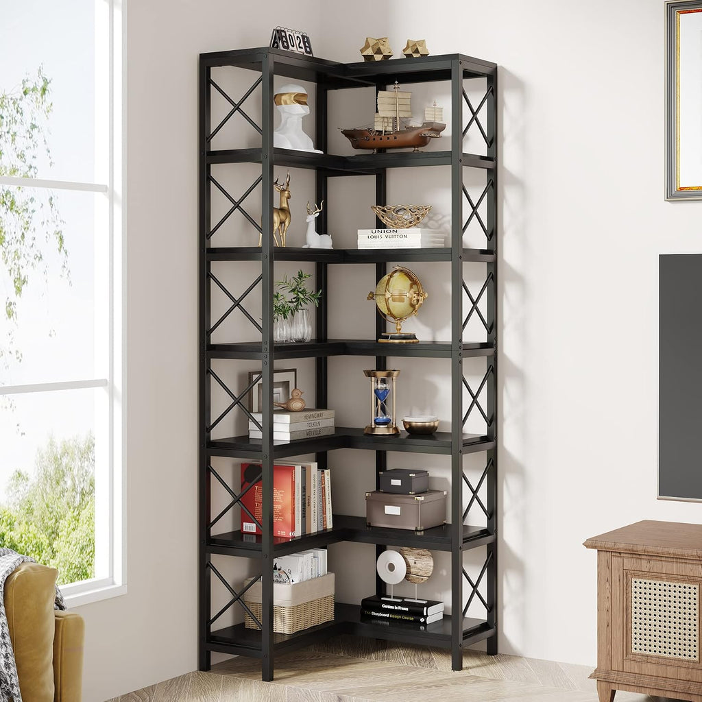 Tribesigns 7-Tier Corner Bookcase, Industrial Large Corner Bookshelf, 7-Shelf Tall Shelf Storage Display Rack with Metal Frame for Living Room Home Office, Black
