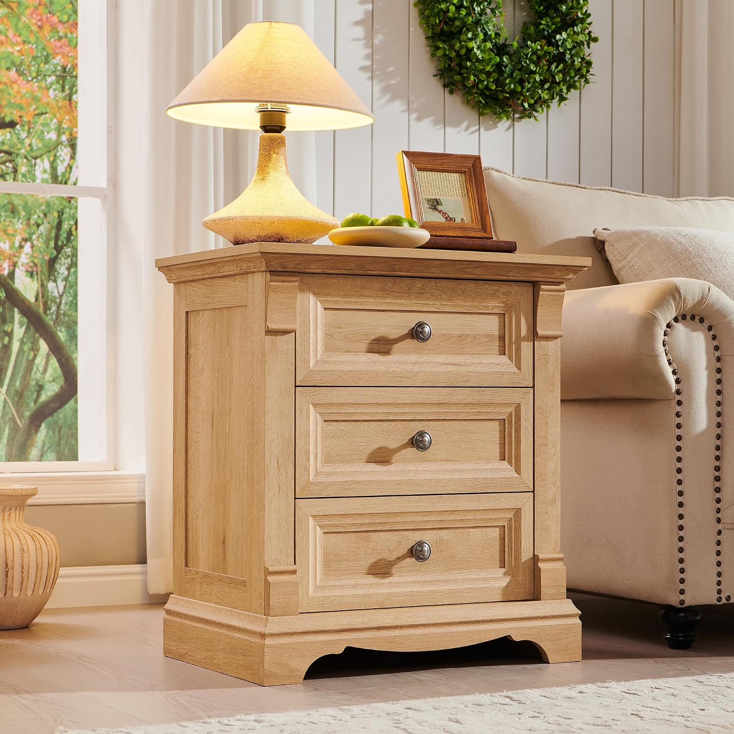 T4TREAM Farmhouse Nightstand Set of 2, 23.6' End Table with 3 Drawers Storage, Wood Side Table w/Roman Column, End Tables Living Room Set of 2, Bedside Cabinet for Bedroom, Oak