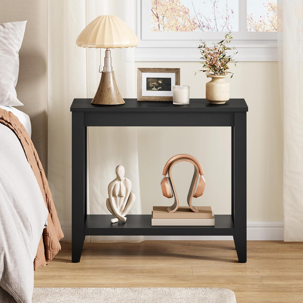 Hoctieon End Table with Double Storage Shelves, Sturdy Wooden Side Table for Living Room, Bedroom, Modern Nightstand Sofa Table for Small Spaces, Black, Set of 2