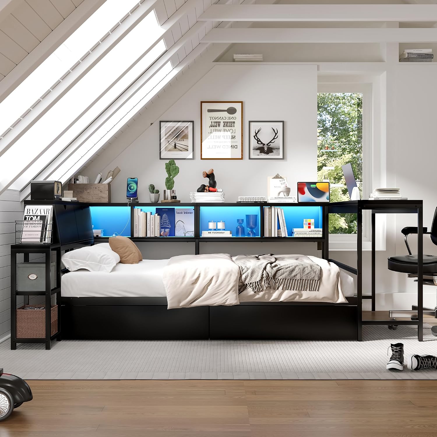 Corner Bed Frame with Storage Bookcase and Led Lights, Twin Size Metal Platform Bed Frame with Storage Drawers and Charging Station & Desk, Twin Daybed for Living Room & Guest Room (Black, Twin)