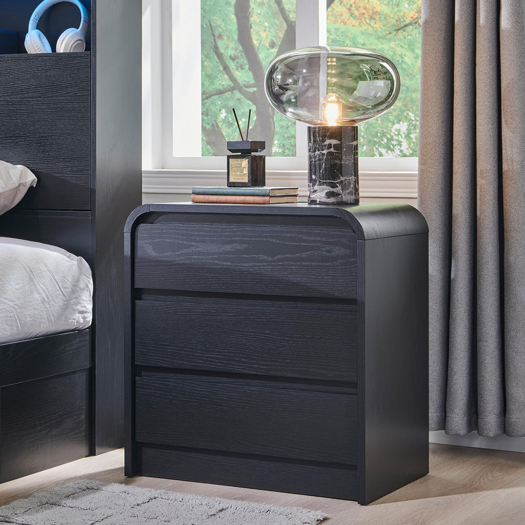 Aitjunz 25' Tall Modern Nightstand Set of 2, 23.6' Wide Wood Bedside Table with Charging Station, 3 Storage Drawers Side Table w/Curved Profile Design, End Table for Bedroom, Black