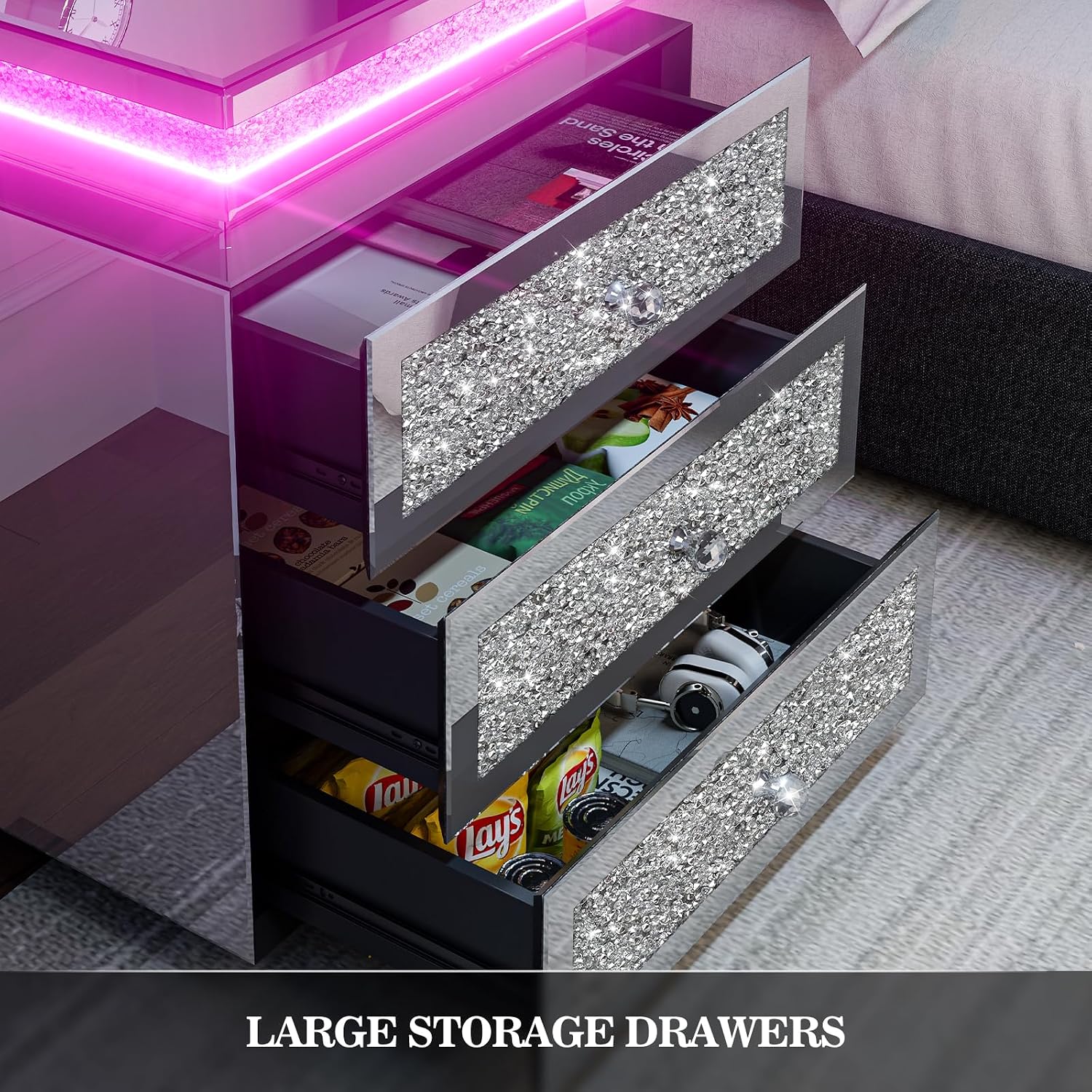 IKIFLY Mirrored Nightstand Set of 2, LED End Table with Wireless Charging Station, Modern Accent Side Table with 3 Crushed Diamond Drawers for Living Room, Bedroom and Office