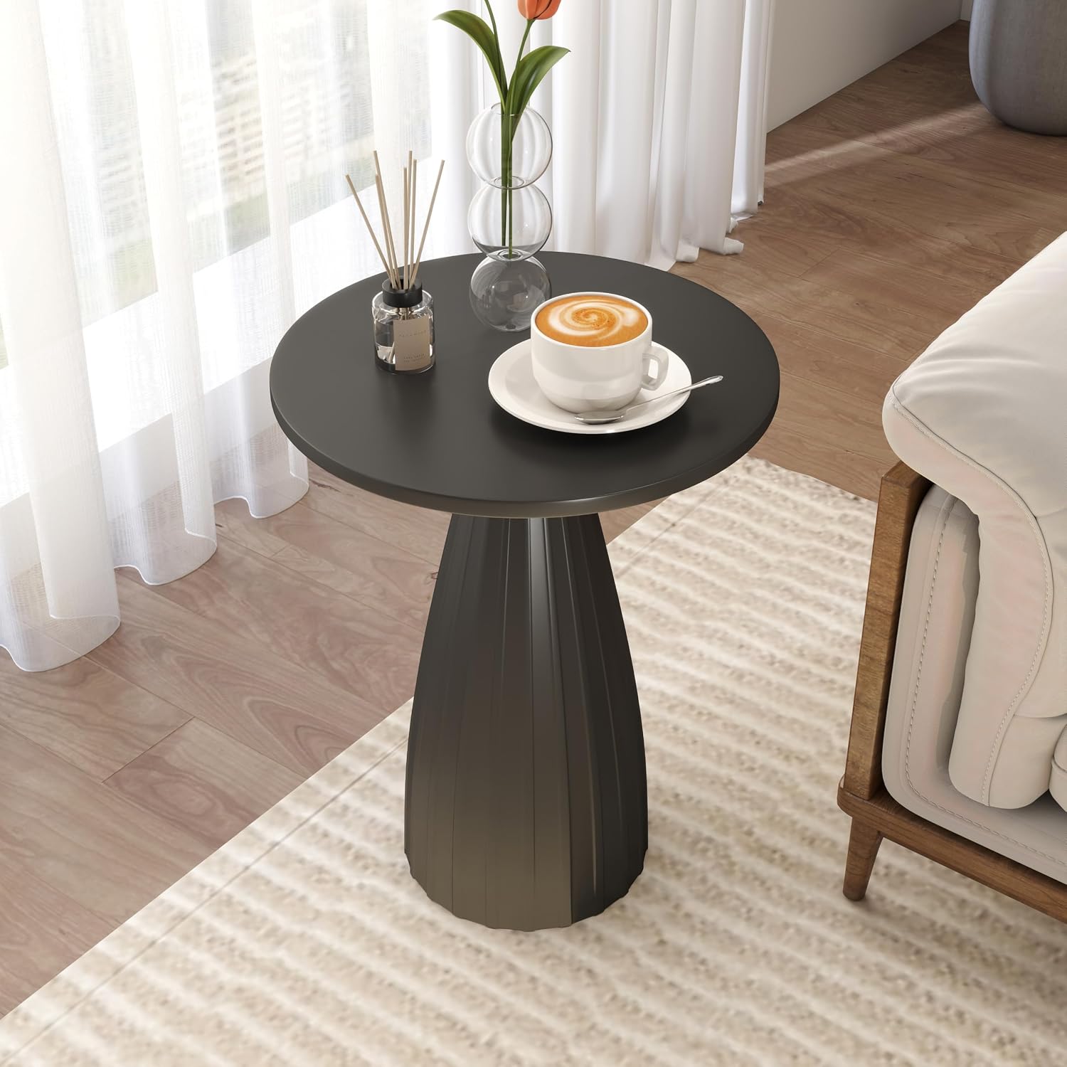 Black Round Side Table Set of 2 for Sofa, Metal Small Circle Couch End Table, Modern Round Nightstand, Mid Century Bedroom Night Stand, for Living Room, Skinny, 15.5 Inches
