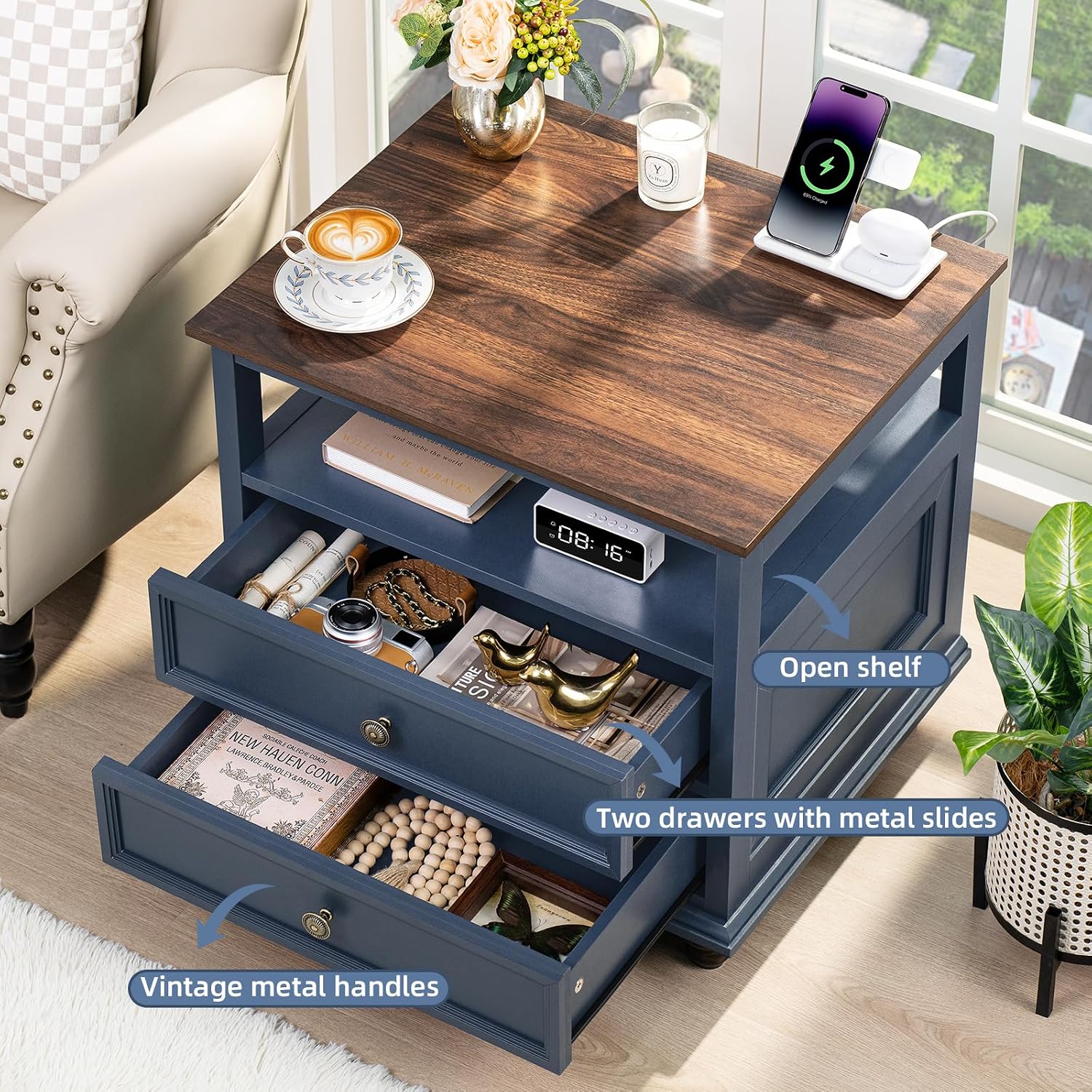 Joaxswe Farmhouse Nightstand Set of 2 with Charging Station, 24' Wide End Table with 2 Drawers,Wood Dresser for Bedroom,Bed Side Table Chest of Drawers Cabinet,Navy BlueNight Stand for Living Room