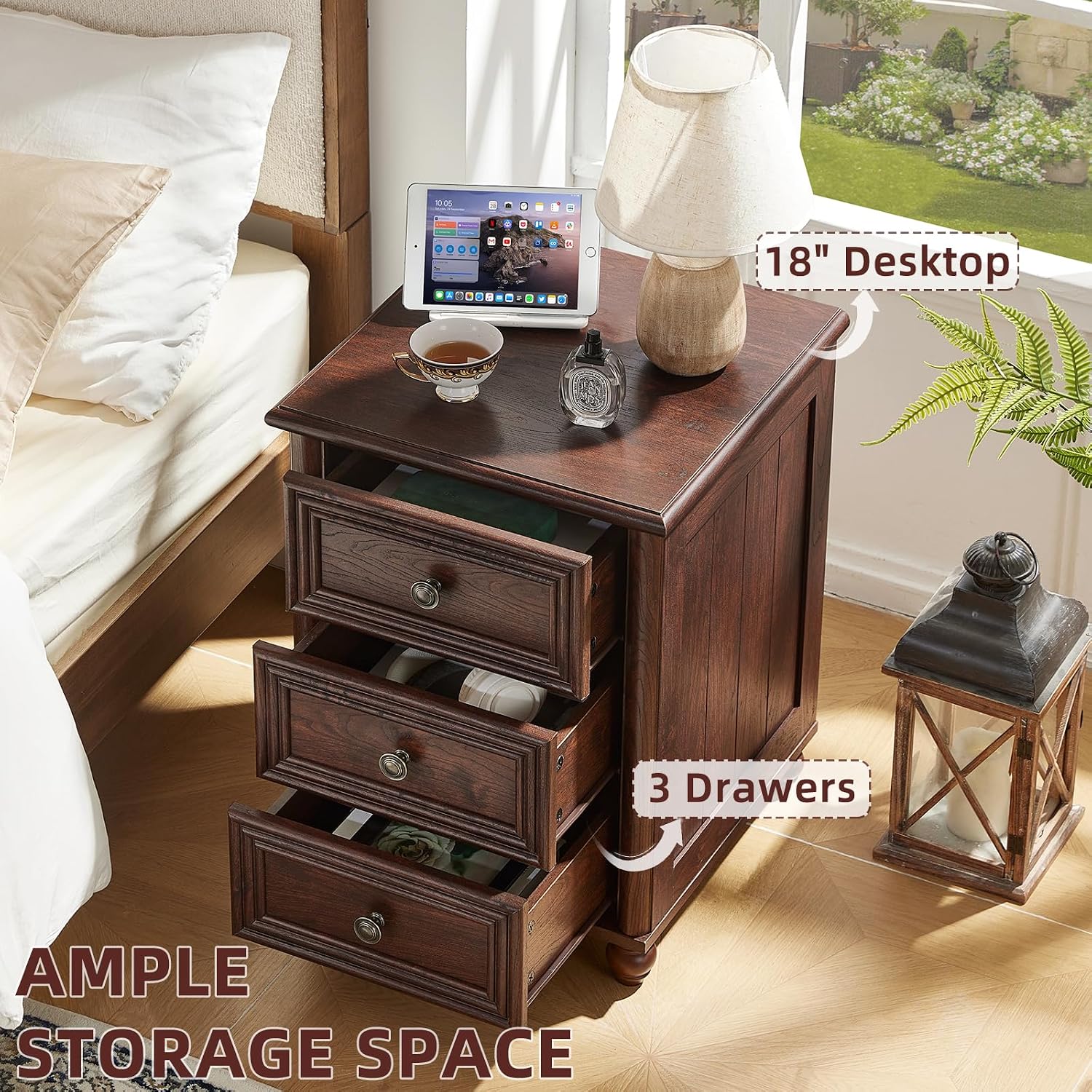 RWYHG 18' Farmhouse Night Stand Set of 2, Walnut Wood Nightstand with 3 Drawers, Bedside End Table with Storage and Roman Column, Bed Side Tables Cabinet for Bedroom, Living Room, and Closet
