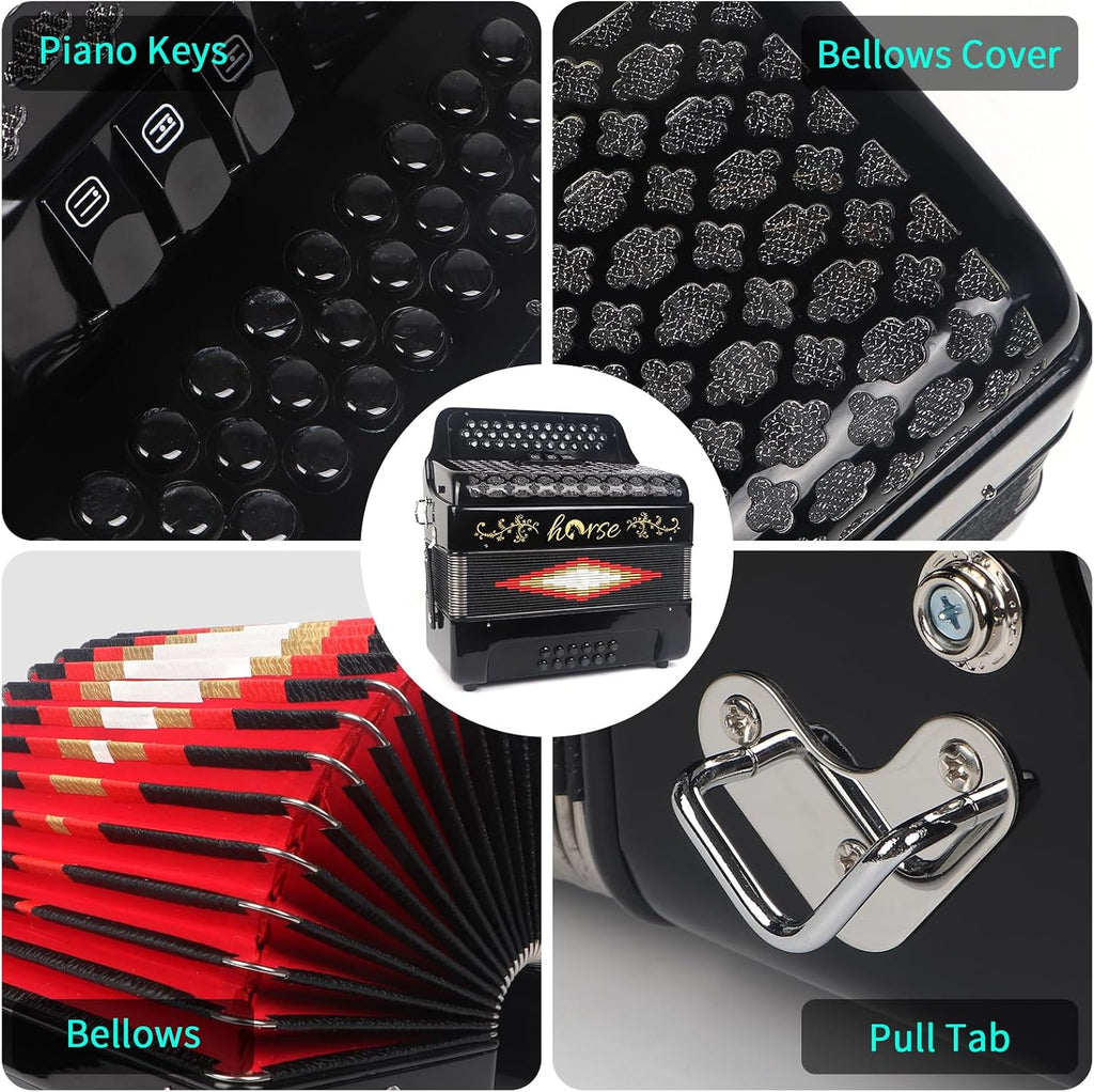 Horse 34 Key Accordion,12 Bass 3-Row F/B/E Diatonic Accordions Instruments for Adults with Luxury Backpack and Straps, 34 Buttons Button Acordeón Acordeones Para Adultos For Beginners to Professionals